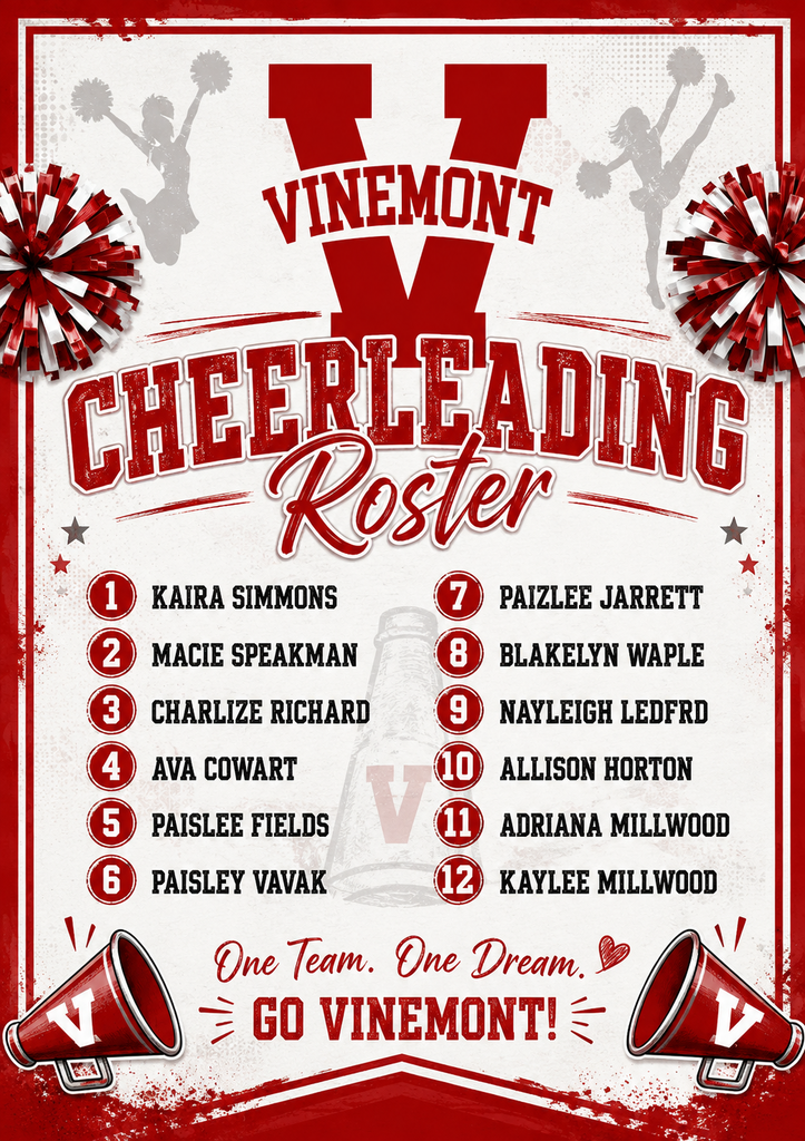 A red and white poster titled "Vinemont Cheerleading Roster" lists names and numbers of team members. Pom-poms and a megaphone add a cheerleading theme.