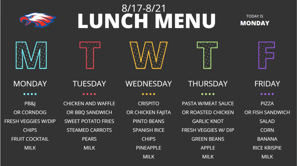 A menu with the days of the week, from Monday to Friday, listing lunch options. Each day has a color-coded letter.