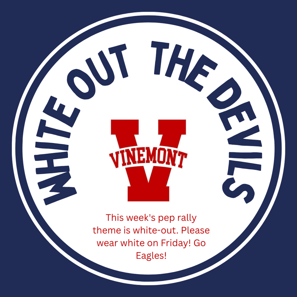 A circular logo features "White Out the Devils" text. The central element is the red "V" logo. Below it, the word "Vinemont" is in red. The background is blue.
