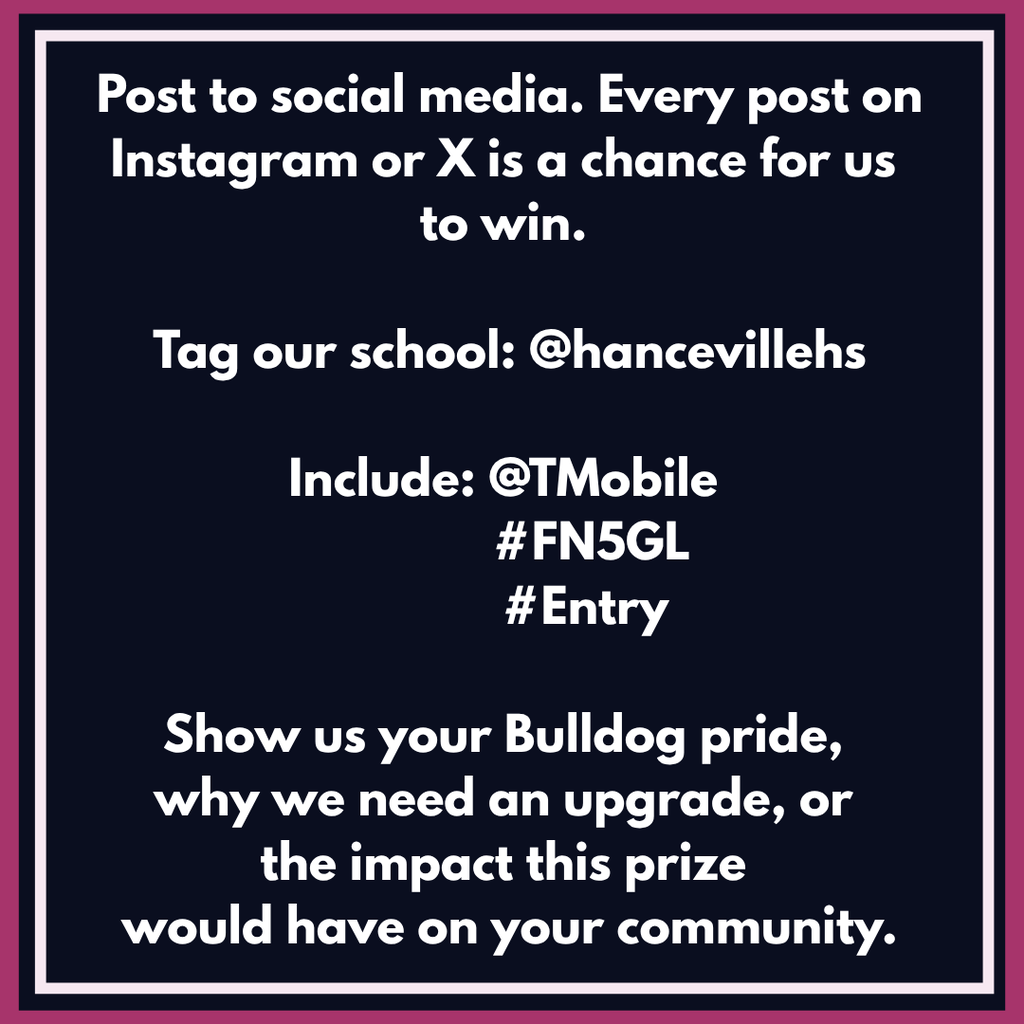 Text on a black background with a pink border: instructions for a social media contest. Text includes hashtags and handles.
