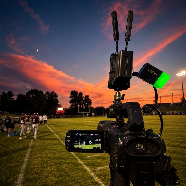 Camera focused on a football field with players in the background. A sunset is visible in the sky.