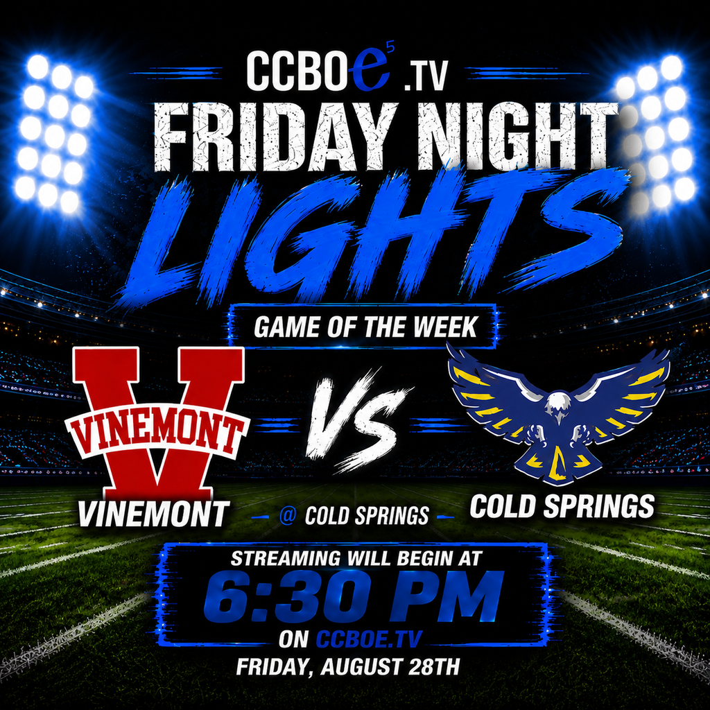 An event poster for Friday Night Lights with blue text on a football field background. Two teams are featured: Vinemont and Cold Springs.