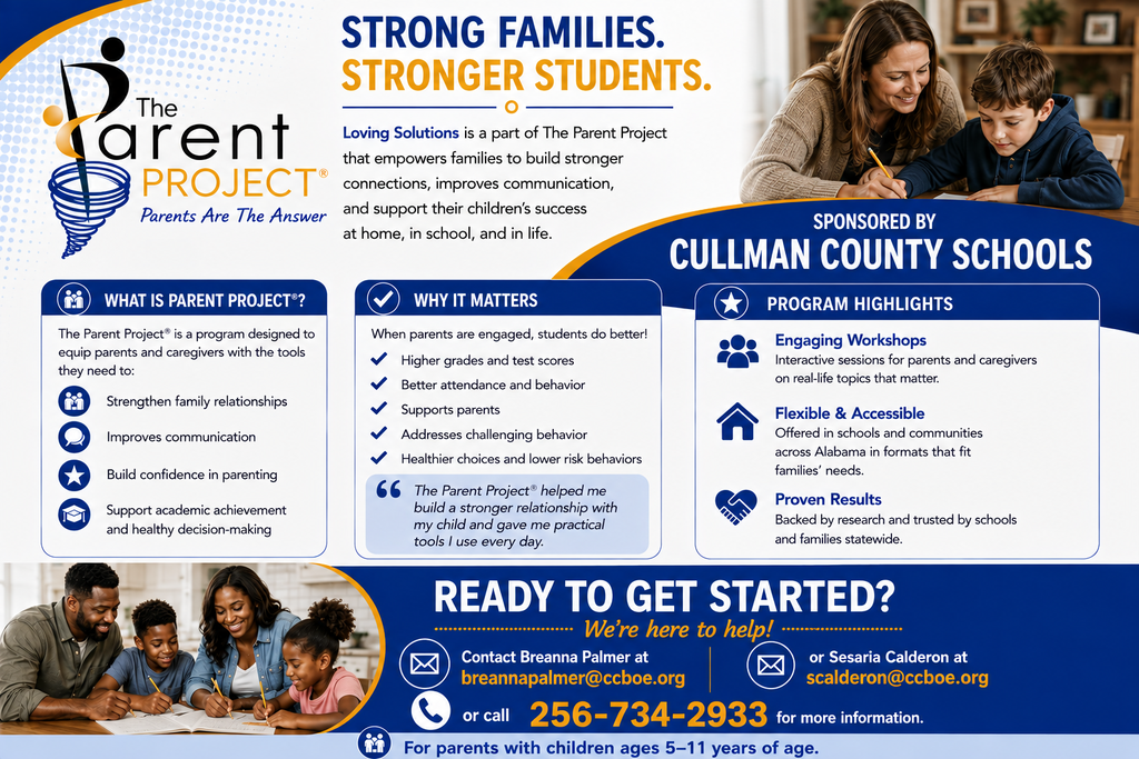 Blue and white flyer with text. A family of four, two adults and two children, sits in a living room.