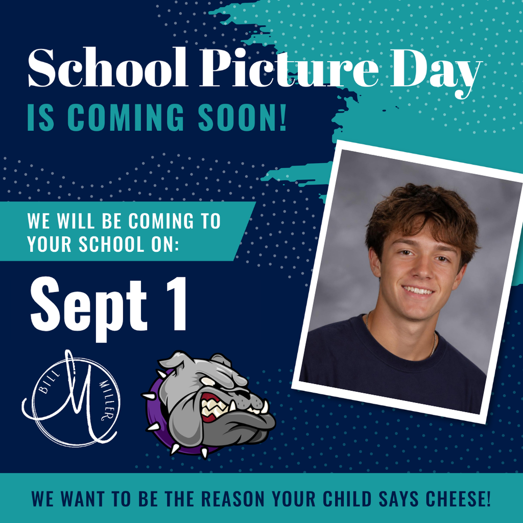 Poster with blue background, text "School Picture Day is coming soon! Sept 1."
