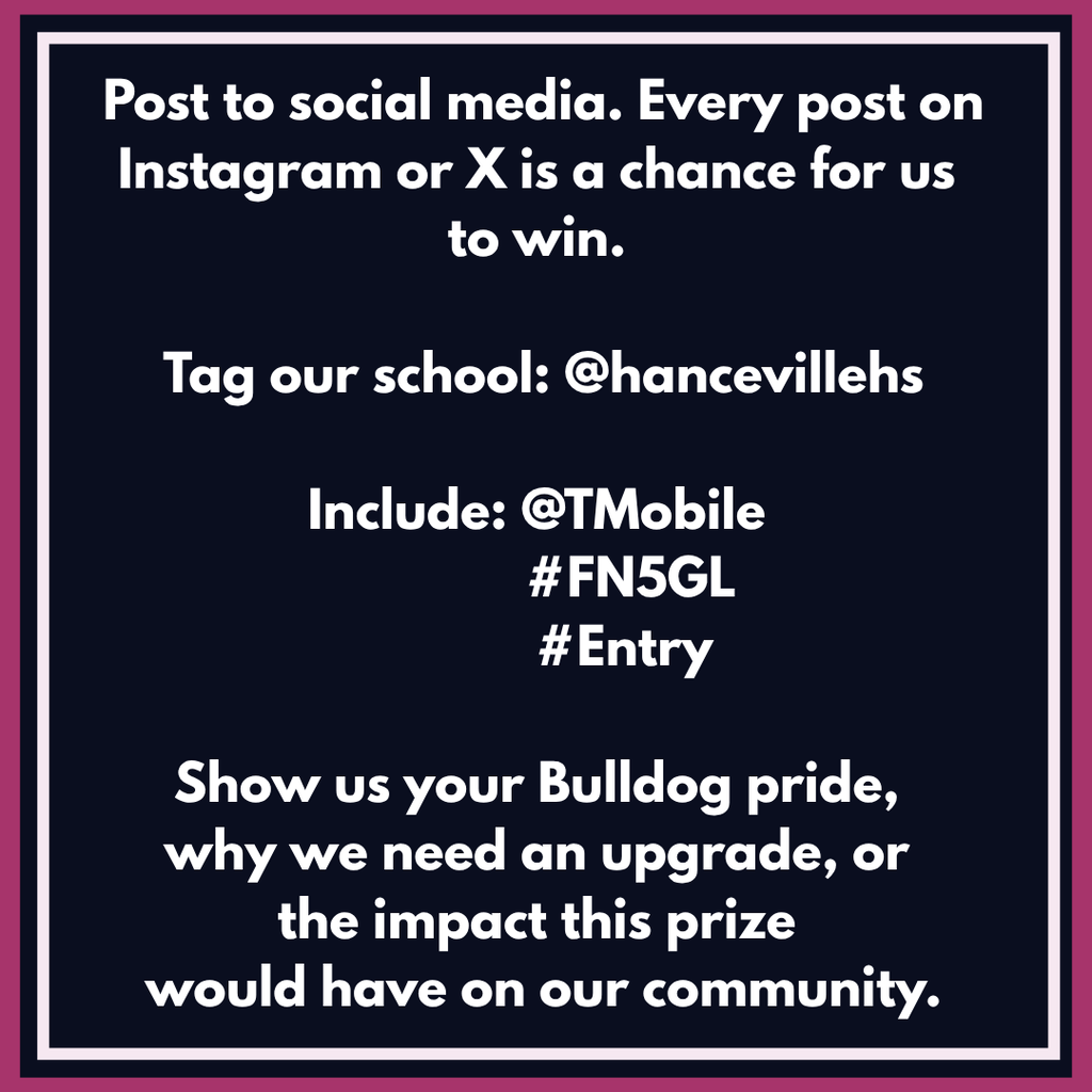 Black background with white text: Encourages social media posts on Instagram or X for a chance to win.