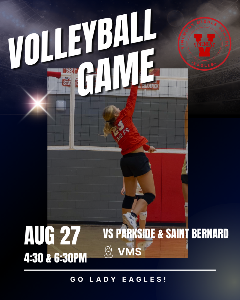 Volleyball game poster with player in red shirt, black shorts, and knee pads. Matches scheduled for Aug 27 at 4:30 and 6:30 PM.