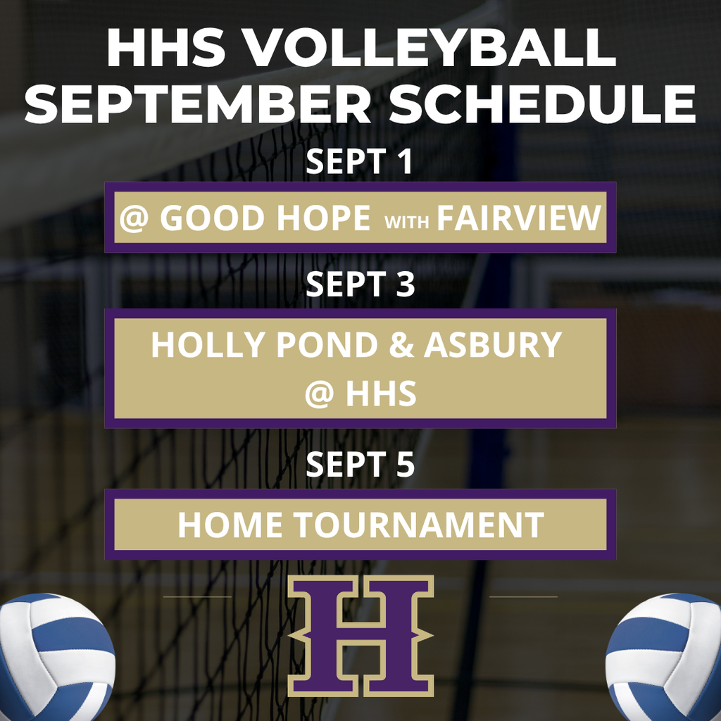 Volleyball schedule displays three matches with dates and locations. "HHS Volleyball September Schedule" is at the top.