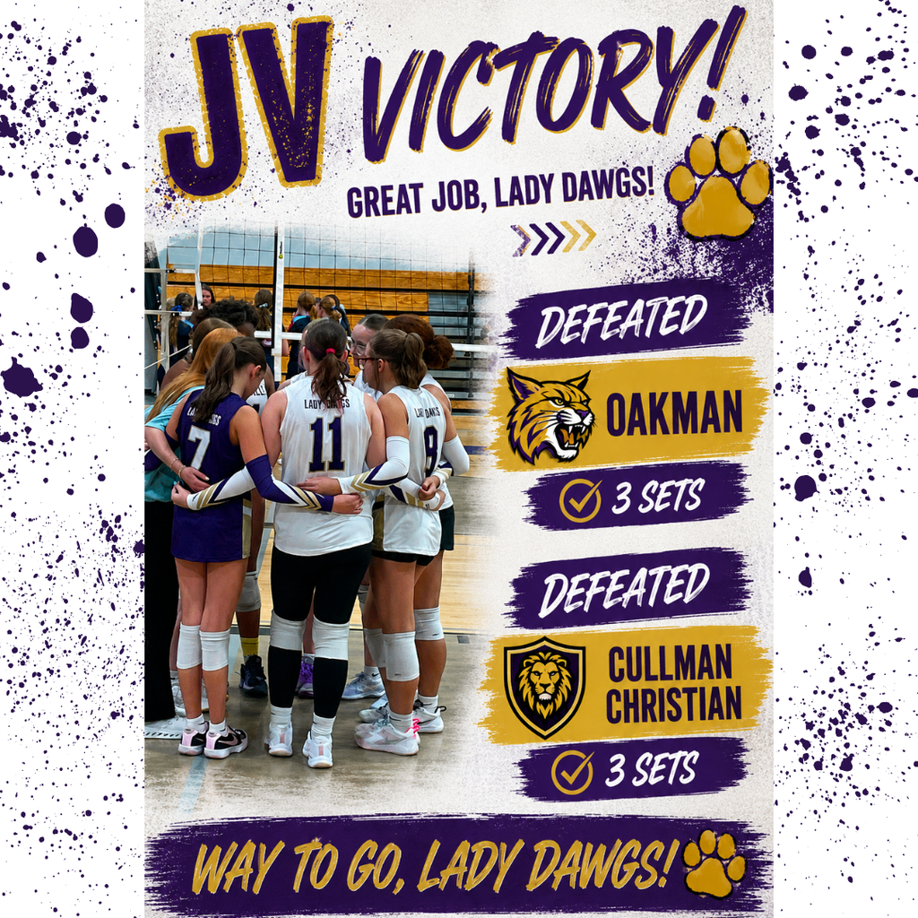 A team of volleyball players in white jerseys, standing in a circle, celebrating victory. The poster displays a paw print and text.