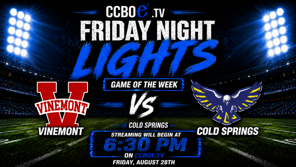 Advertisement for "Friday Night Lights" game featuring Vinemont and Cold Springs. The field is dark with stadium lights on.