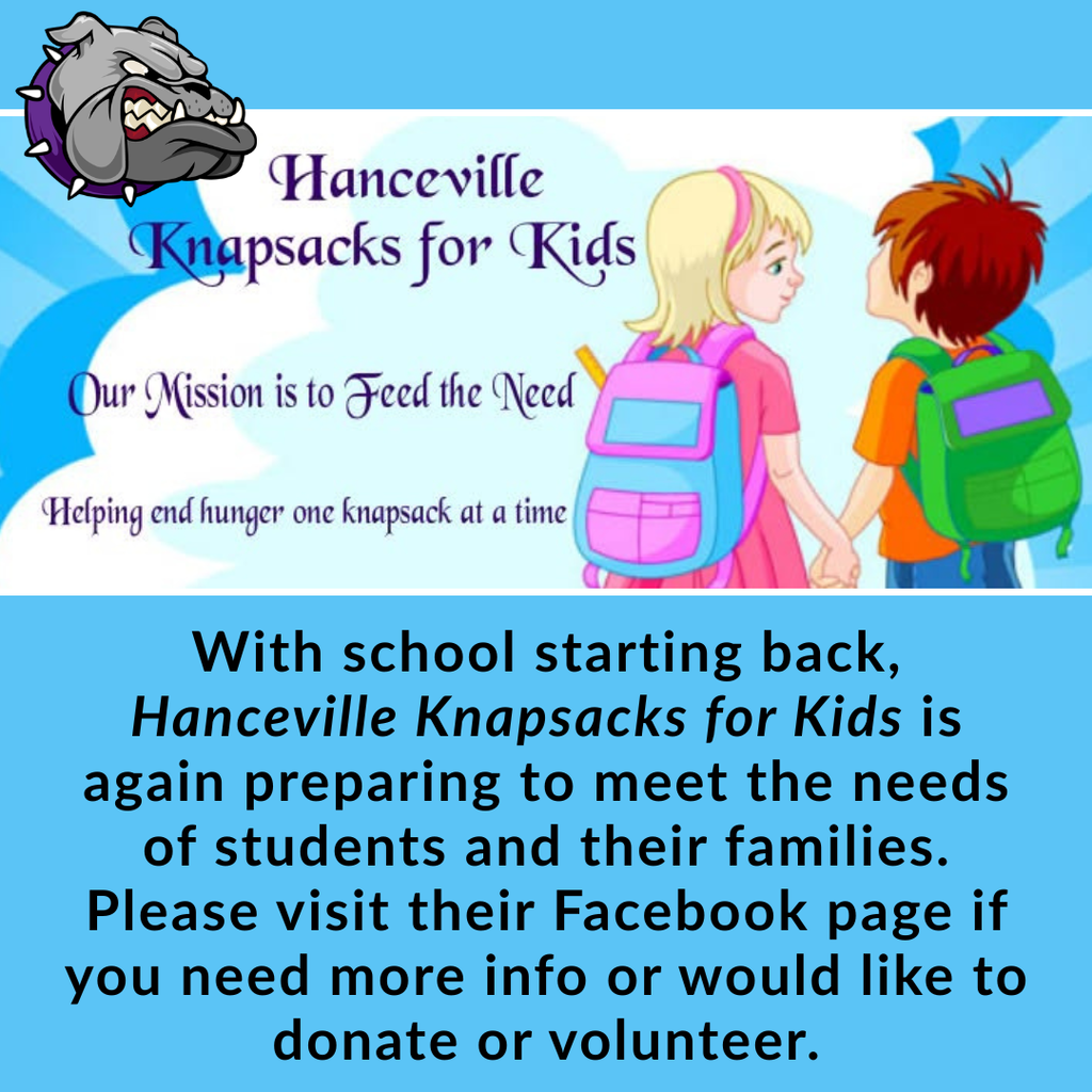 Ad for Hancville Knapsacks for Kids. Two children hold hands, wearing backpacks. A bulldog logo and text.