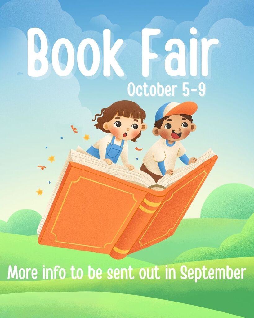 Poster with two children sitting on an open book. The words "Book Fair" and "October 5-9" are displayed.