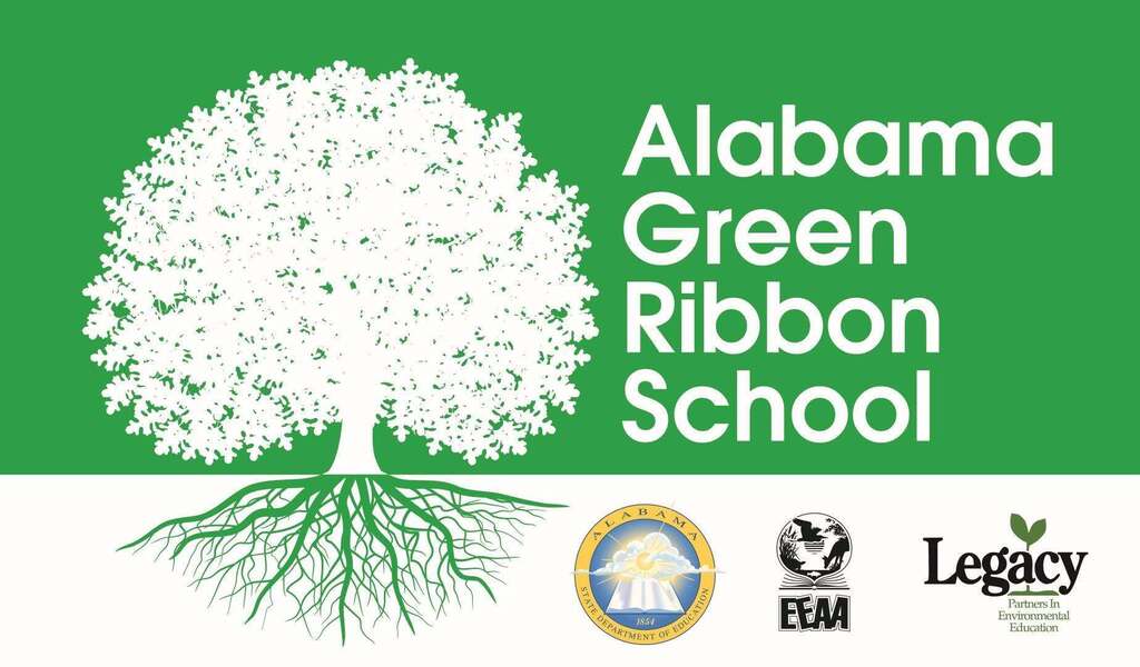 A green background displays the Alabama Green Ribbon School logo featuring a tree with roots and a banner.