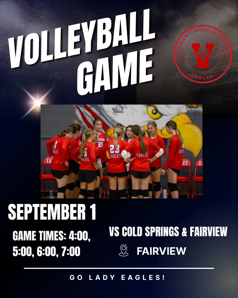 Poster displays volleyball team in red uniforms, game details on left. Game on September 1 against Cold Springs and Fairview.