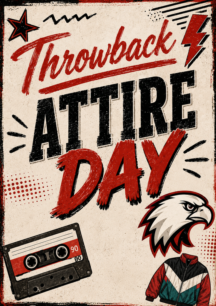A graphic displays "Throwback Attire Day" with bold, stylized text. An eagle head, a cassette tape, and a jacket are shown.