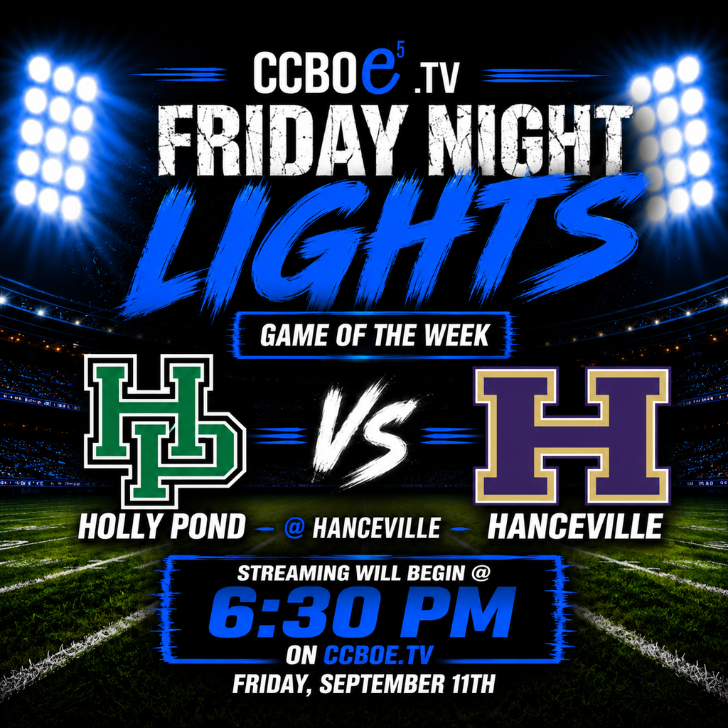 Bright stadium lights illuminate the field. Teams Holly Pond and Hanceville face off. Game starts at 6:30 PM on CCBOe TV, Friday, September 11th.