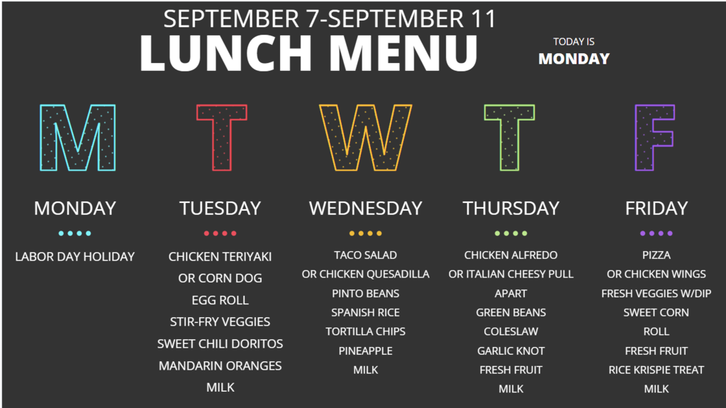 A menu lists meals for Monday through Friday, with each day's meals in different colors.