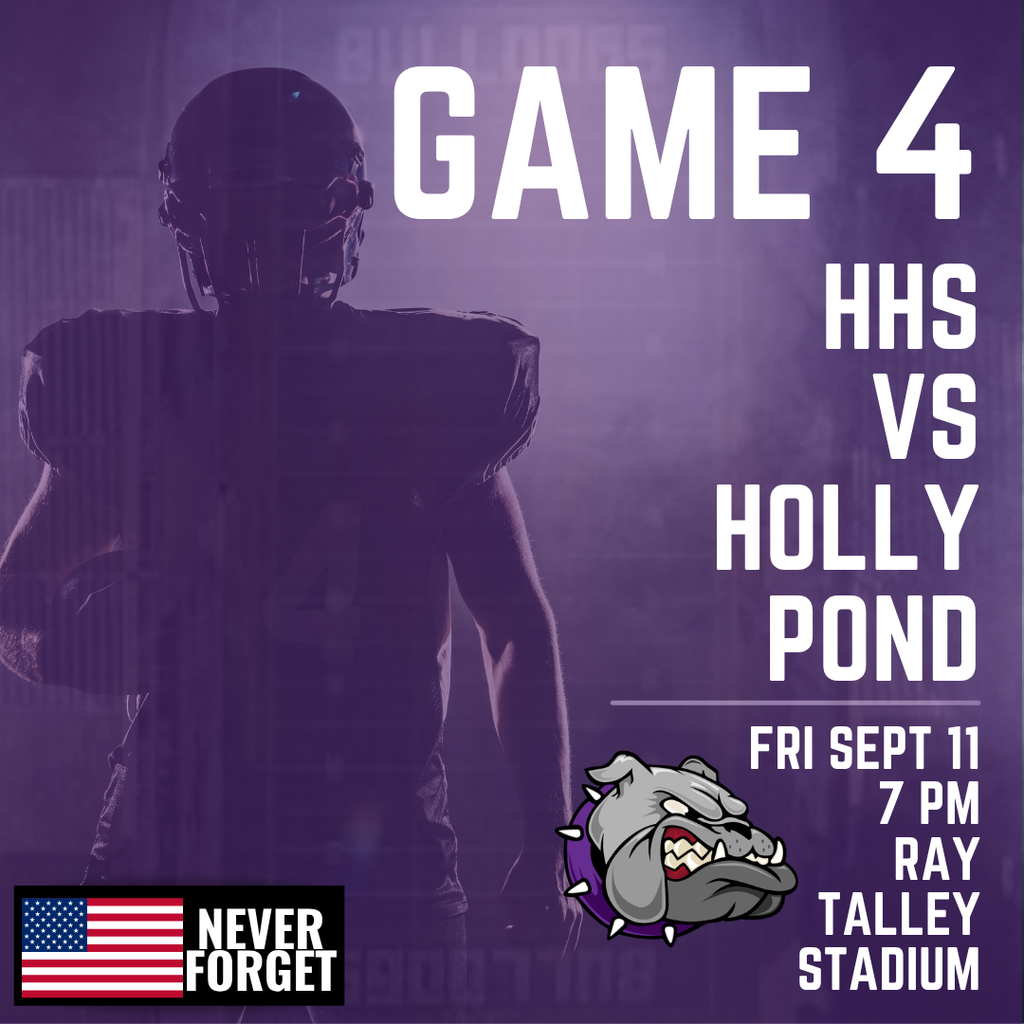 An event poster for Game 4 of the season, featuring a player silhouette, team logo, and details about the Sept 11 game at home against Holly Pond.