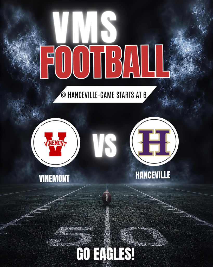 An advertisement for a high school football game. Two teams are featured: Vinemont and Hanceville. The game starts at 6 PM.