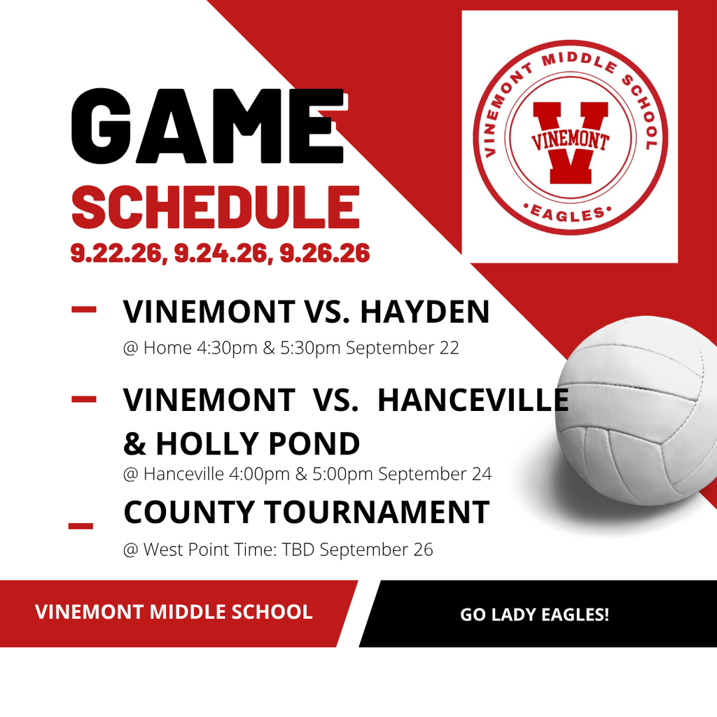 A schedule poster for Vinemont Middle School games with a white volleyball. The poster lists Vinemont's games against Hayden, Hanceville, and Holly Pond.