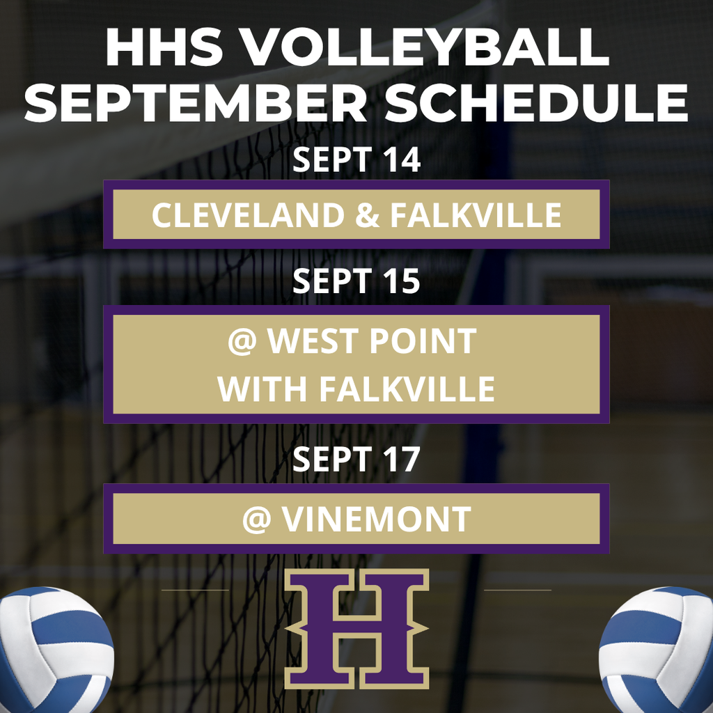 Volleyball schedule for HHS in September. Matches on September 14, 15, and 17. Matches include Cleveland, Falkville, West Point, and Vinemont.