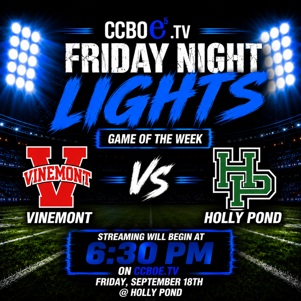 Sports poster with stadium lights in background. It reads "Friday Night Lights." It features Vinemont vs. Holly Pond.