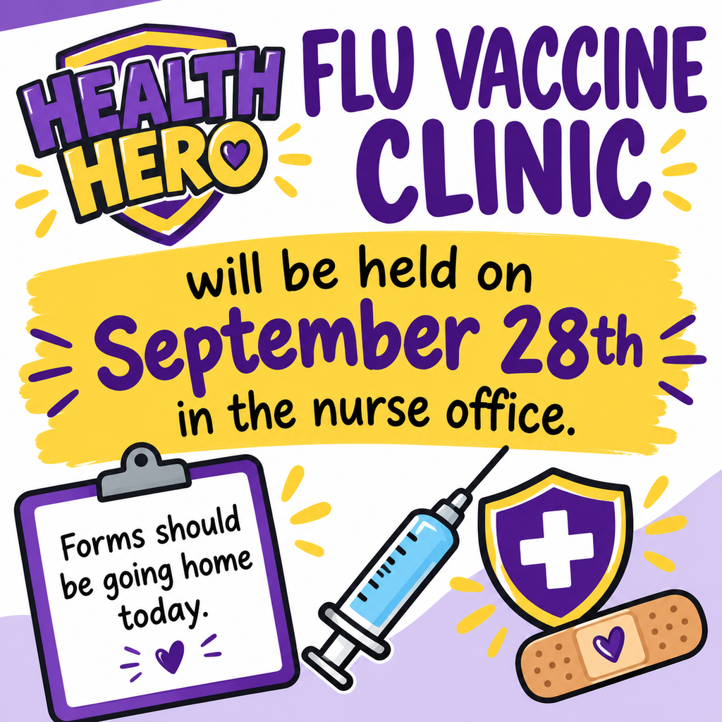 A flyer announces a flu vaccine clinic on September 28th. The flyer includes a syringe, a shield, and a bandage.