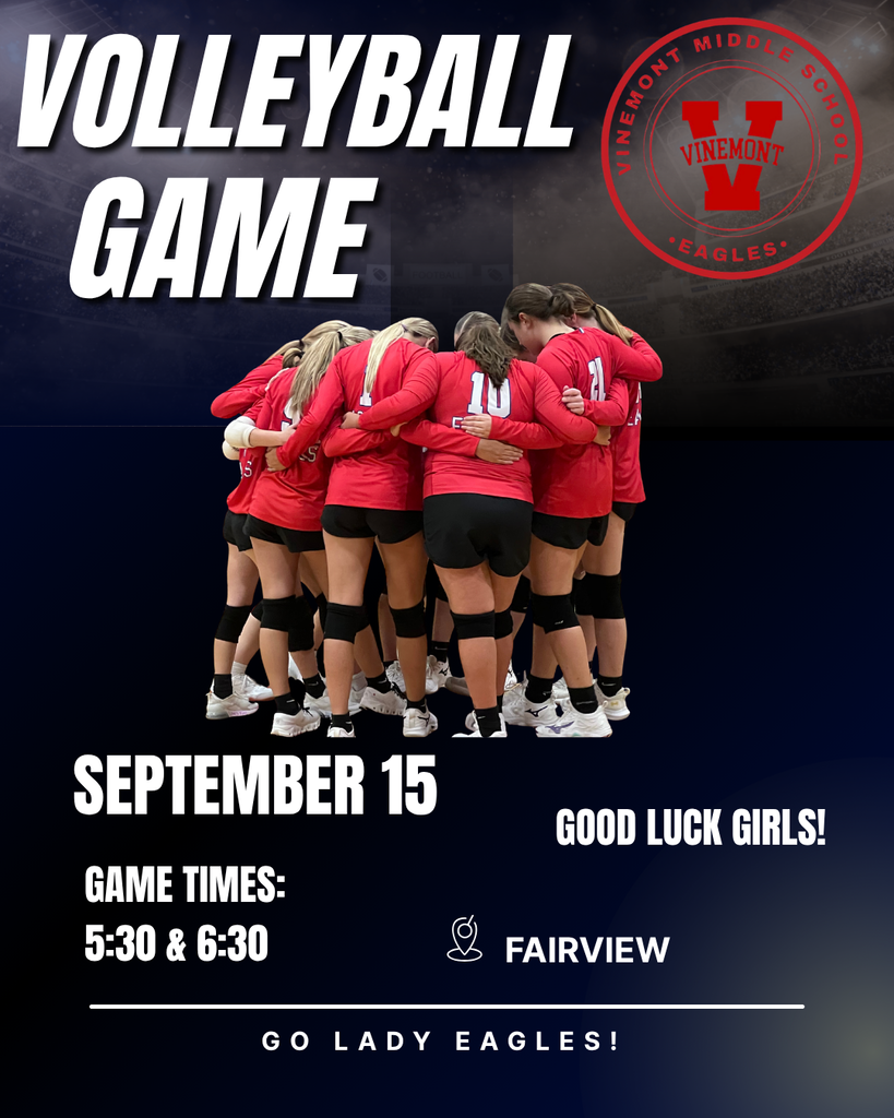 An image promoting a volleyball game with a group of players wearing red jerseys. Date and times are listed.
