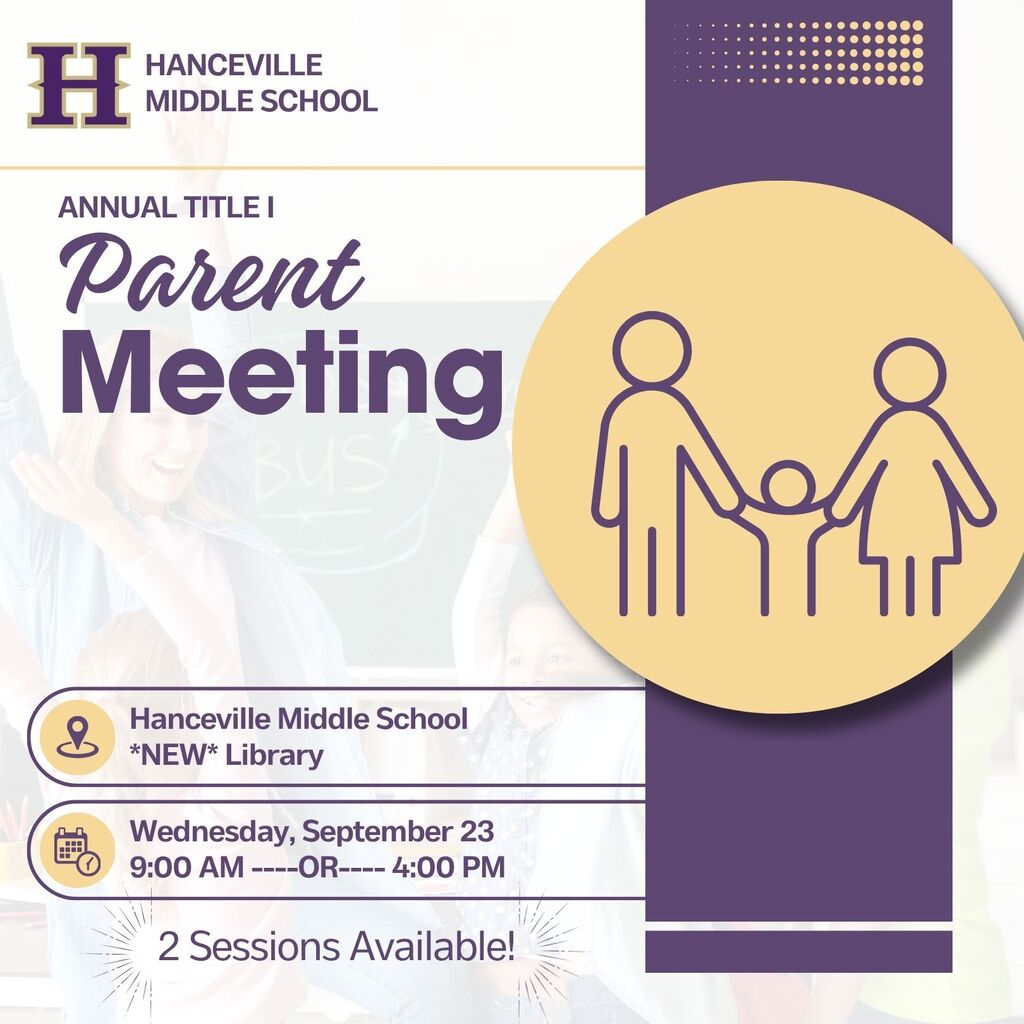 An announcement with a circular icon of a family. It reads "Parent Meeting" and "Hancville Middle School".