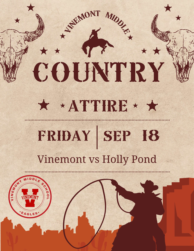 Poster for an event on September 18th. Features cowboy silhouette, lasso, and bull skull. Text reads: "Vinemont Country Attire."
