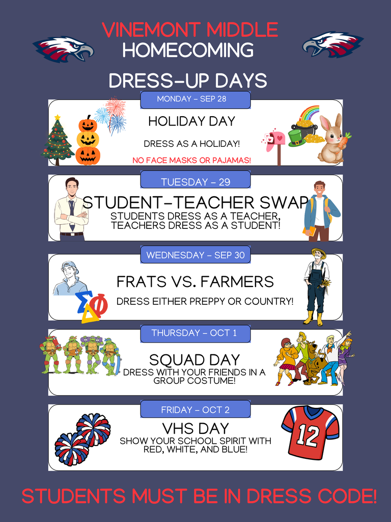 A poster for Vinemont Middle School Homecoming. Five days of dress-up themes are listed from Sept 28 to Oct 2.