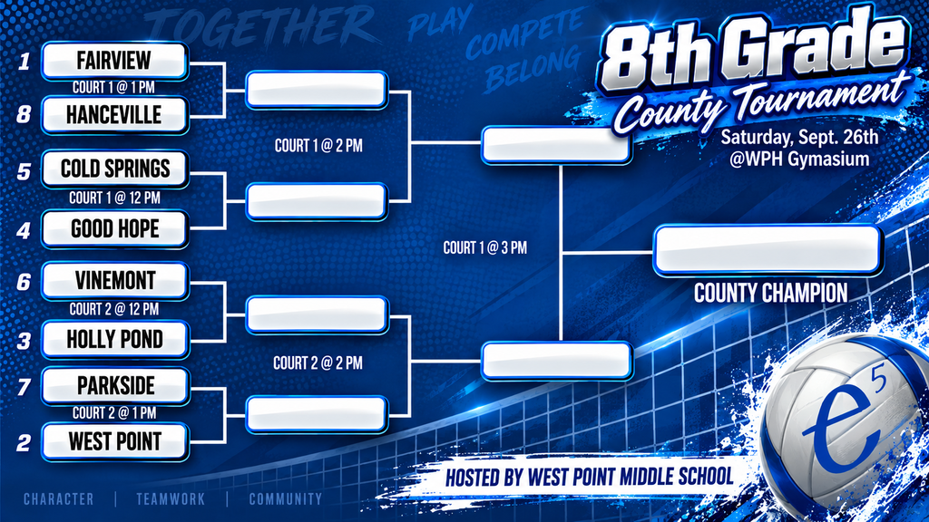 Blue background with a tournament bracket. Teams are listed with blank spaces for scores. A volleyball logo is on the right.