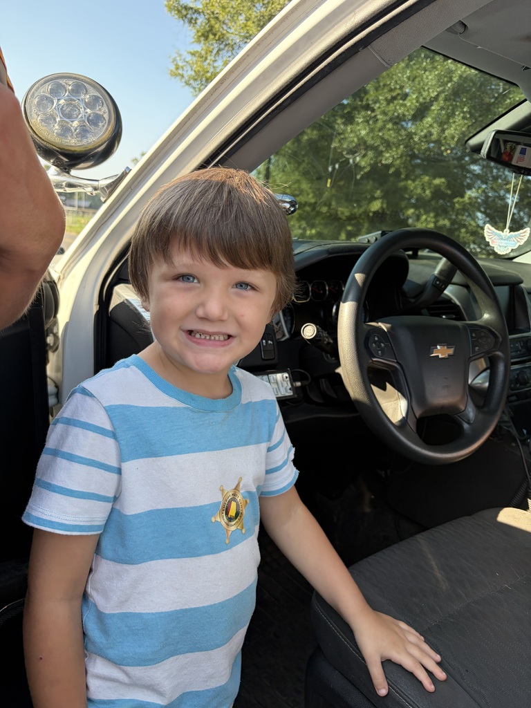 Young boy in blue and white striped shirt smiles in front of open car door. Black steering wheel and dashboard visible.