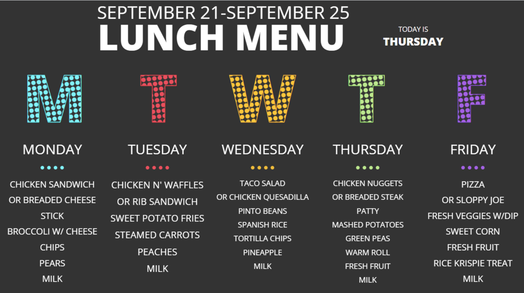 A lunch menu spanning September 21 to 25 lists meal options for each day with colorful icons.