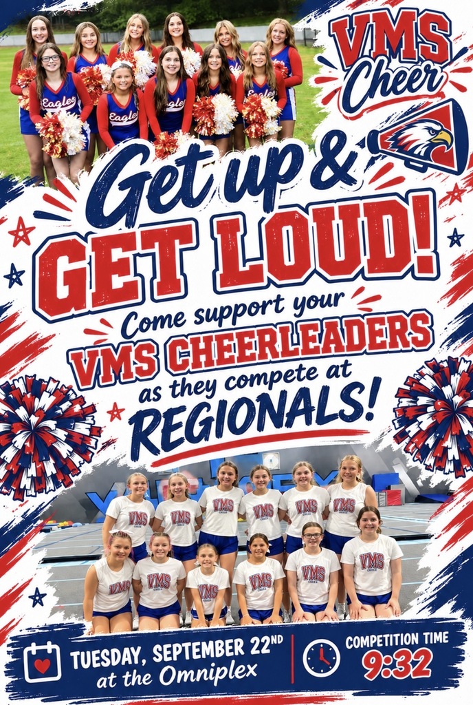 A poster with cheerleaders in red and white uniforms. The poster says "Get up & Get Loud!" and invites support for the team at regionals.