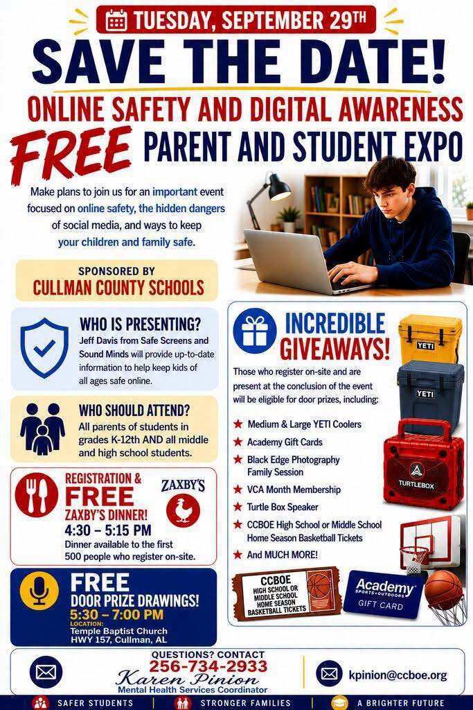 Poster with blue background and white text. It reads "SAVE THE DATE!" for an expo on September 29th. Details include free event, online safety, digital awareness, and giveaways.