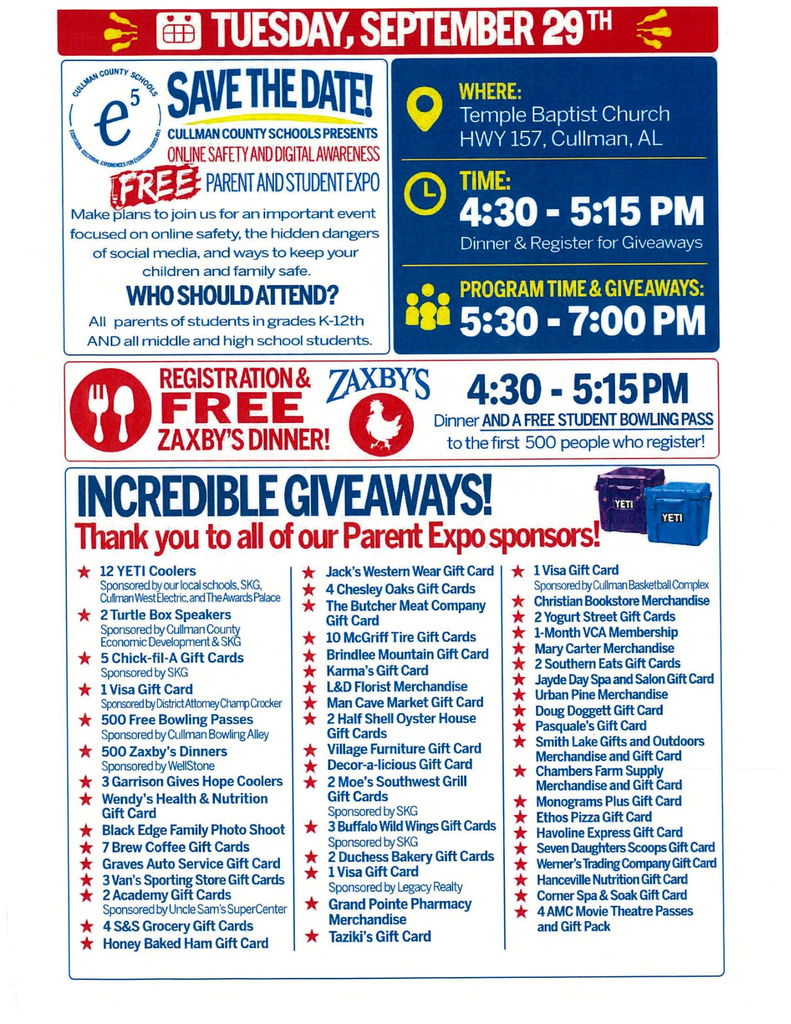 Flyer with blue and white background, listing "Save the Date!" for September 29. It includes details such as the event location, time, and program time with giveaways.