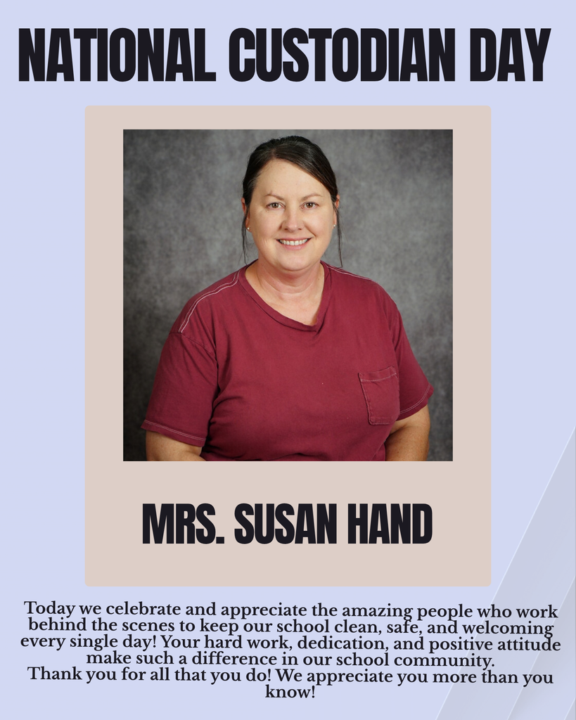 Celebrating National Custodian Day, a smiling woman in a red shirt is featured. The text reads "Mrs. Susan Hand" and "Thank you for all that you do!"