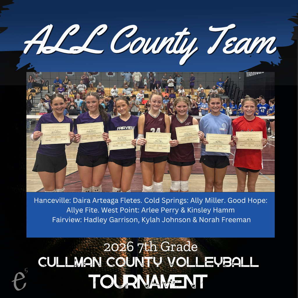 Seven girls holding certificates stand on a volleyball court. Names of schools and players are listed.