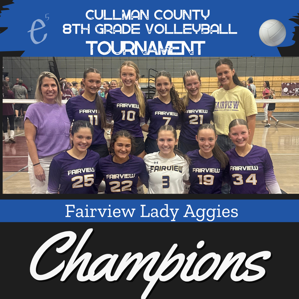 A group of young female volleyball players stand on a court with a banner reading "Cullman County 8th Grade Volleyball Tournament".