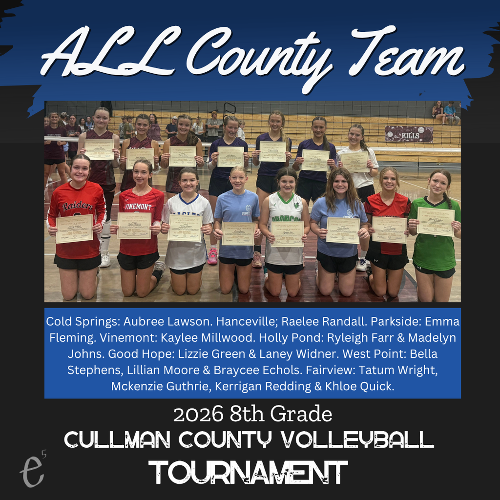 A group of students holding certificates, standing in a line. Text reads "ALL County Team" and "2026 8th Grade Cullman County Volleyball Tournament."