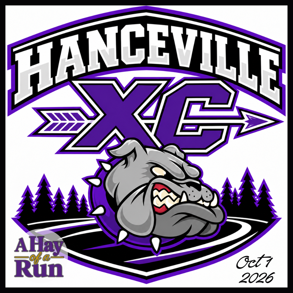 Graphic featuring "Hanceville XC" text, a bulldog mascot, arrow, and trees. Event "A Hay of a Run" scheduled for Oct 7, 2026.