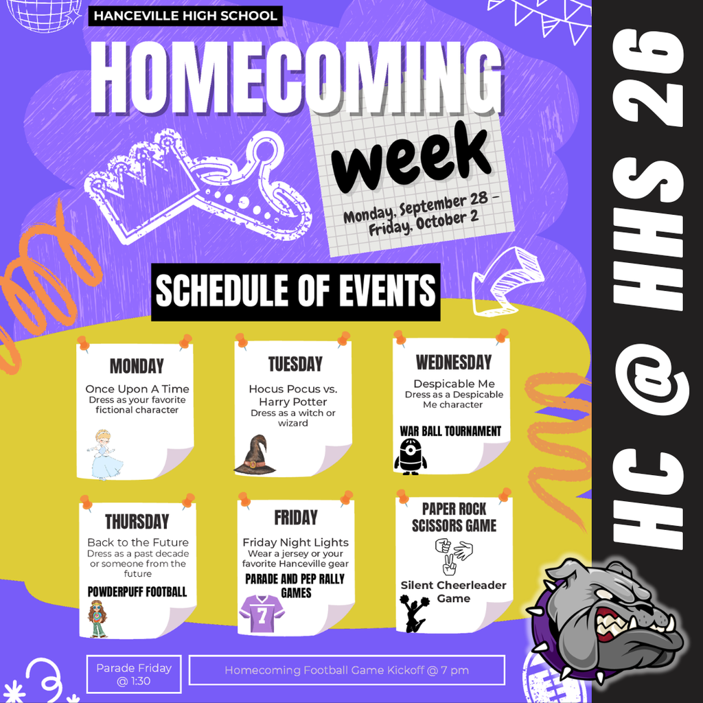 A schedule for homecoming week includes Monday to Friday events, with icons, text, and illustrations.