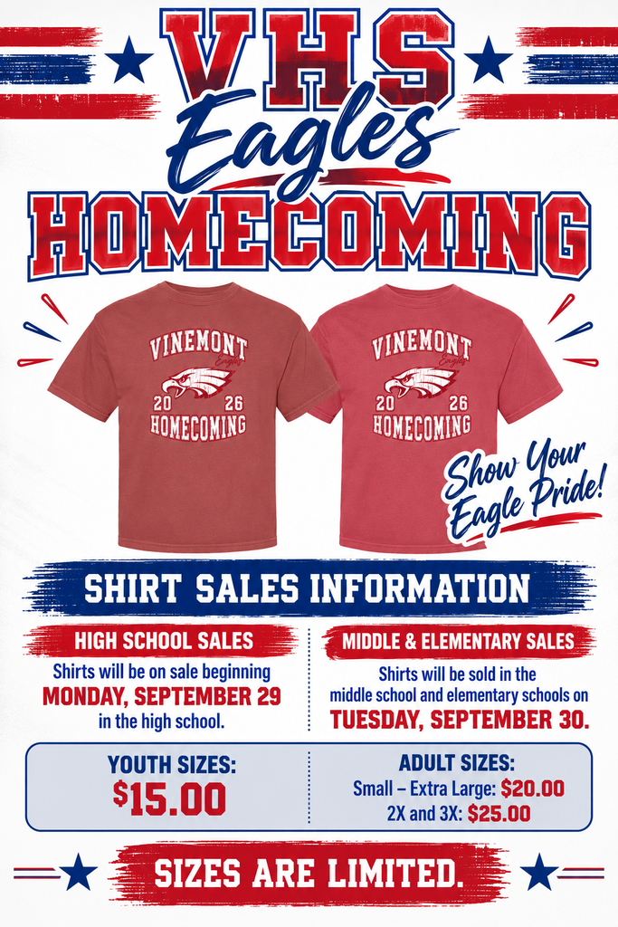 Promotional poster for high school homecoming featuring two maroon shirts. Details about sales and sizes for youth and adults.