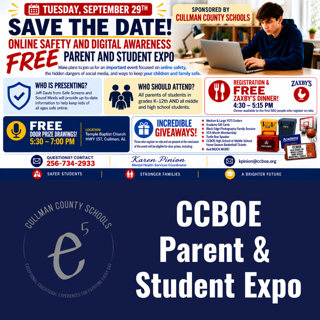 An event poster announces the "CCBDE Parent & Student Expo" with details about online safety, free registration, and giveaways.