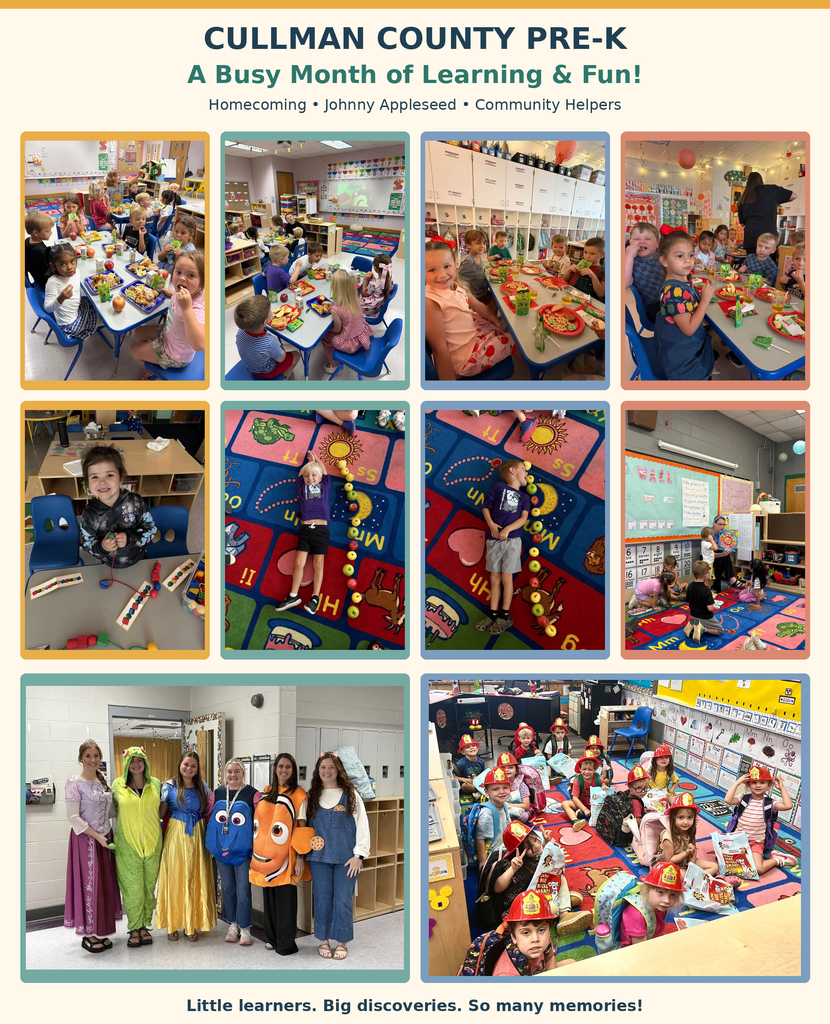 Multiple images of children in various classroom activities. A text overlay reads "Cullman County Pre-K: A Busy Month of Learning & Fun!"