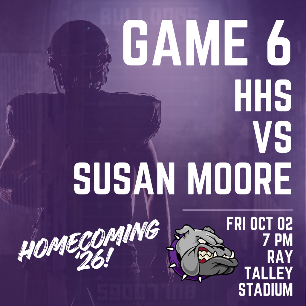 A purple banner displays the details of a high school football game. Player silhouette in the foreground.