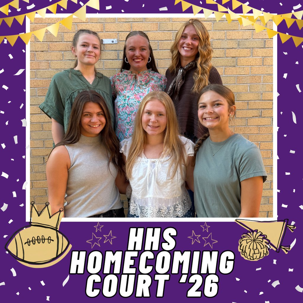 Six women pose for a photo in front of a brick wall, wearing casual attire. Text reads "HHS Homecoming Court '26."