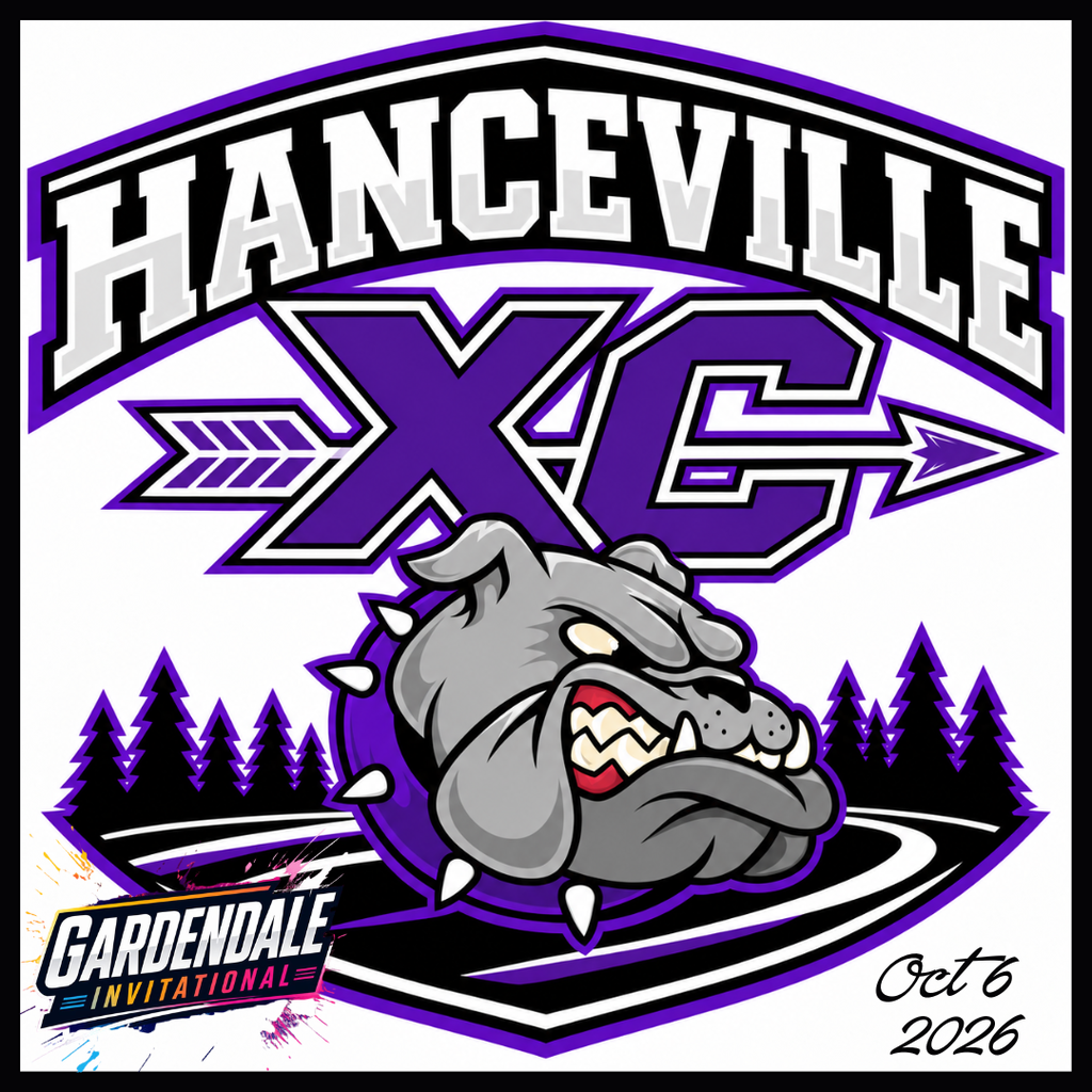 Graphic of a bulldog with spiked collar, trees, and a road in the background. Text reads HANCEVILLE XC.