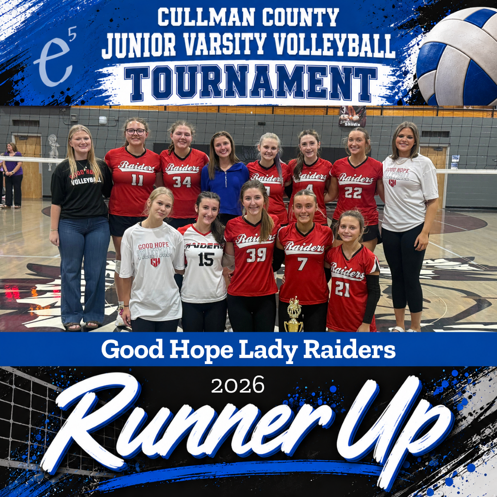 Volleyball team in red and white jerseys, one holding a trophy, standing on a court. Text reads "Runner Up."