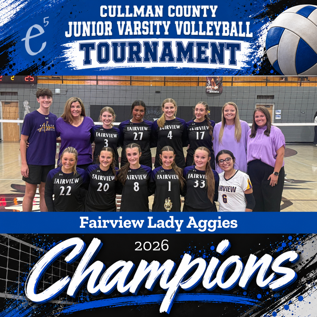 A volleyball team stands in front of a gym backdrop. All wear black jerseys with numbers. One person holds a trophy.